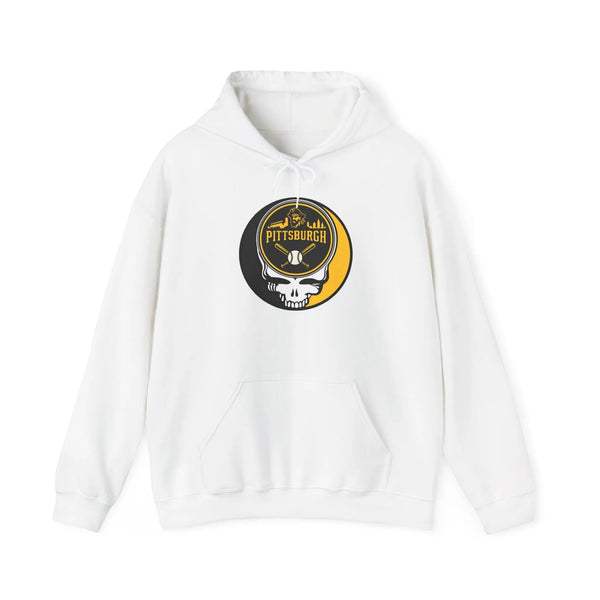 White Pittsburgh hoodie with front pouch pocket, drawstring hood, and Stealie logo