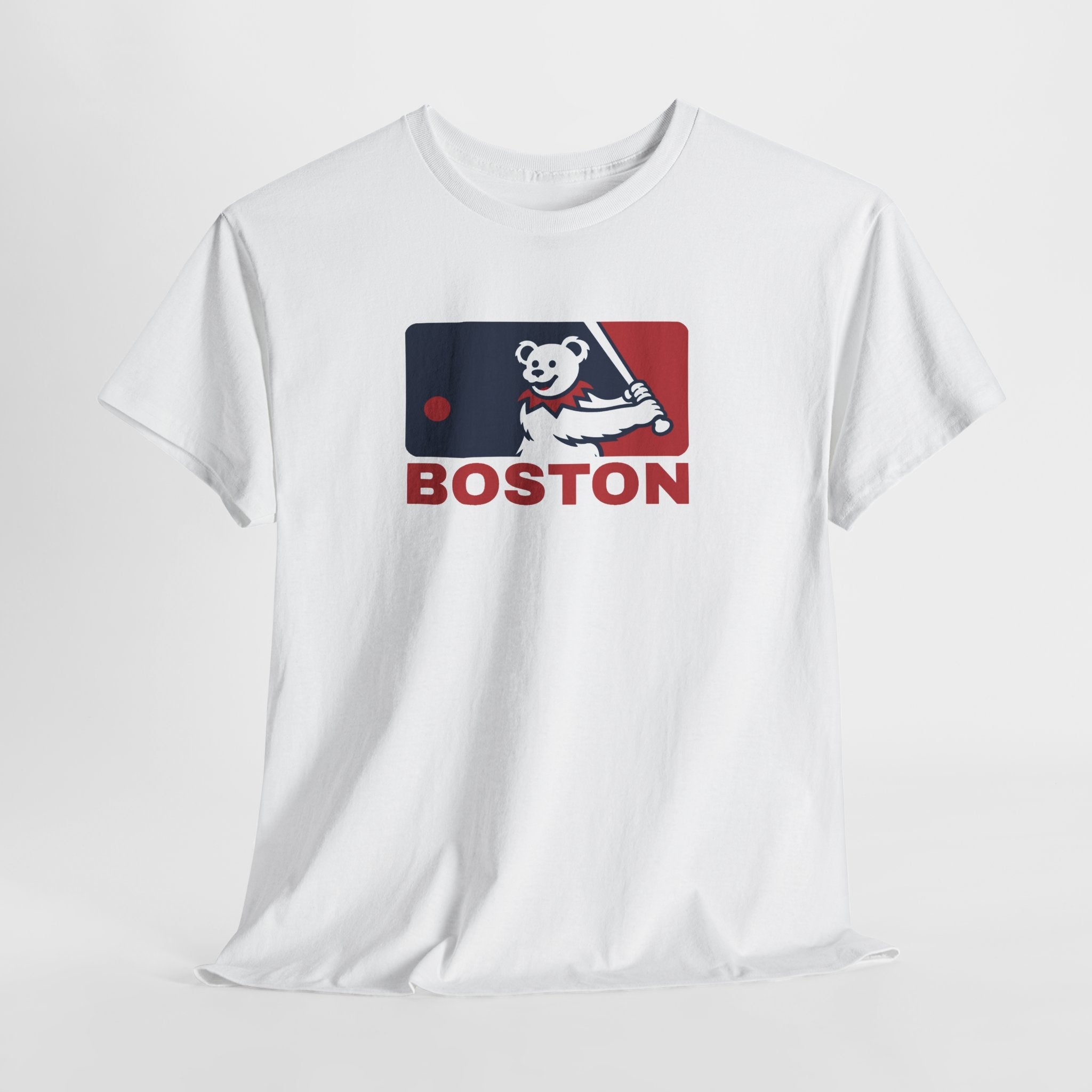 White short-sleeve t-shirt featuring Boston bear mascot and “BOSTON” chest graphic