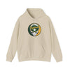 Cream hoodie with hood and front pouch pocket, Oakland logo skull baseball graphic.