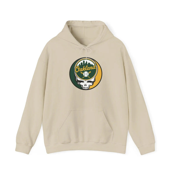 Cream hoodie with hood and front pouch pocket, Oakland logo skull baseball graphic.