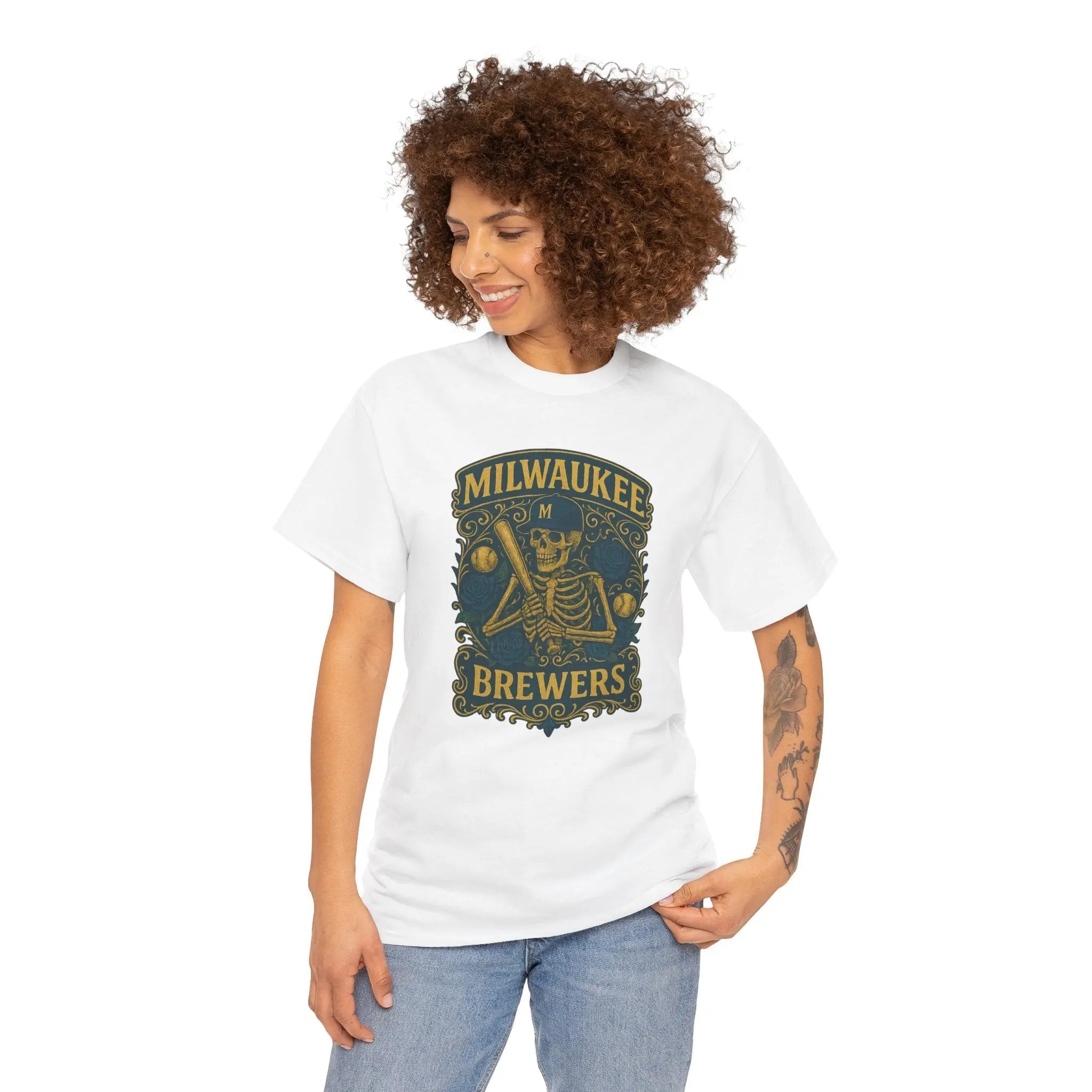 White short-sleeve t-shirt with Brewers skeleton logo on front, worn by woman