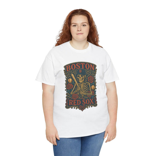 White crew-neck T-shirt with Boston Red Sox skeleton shield graphic