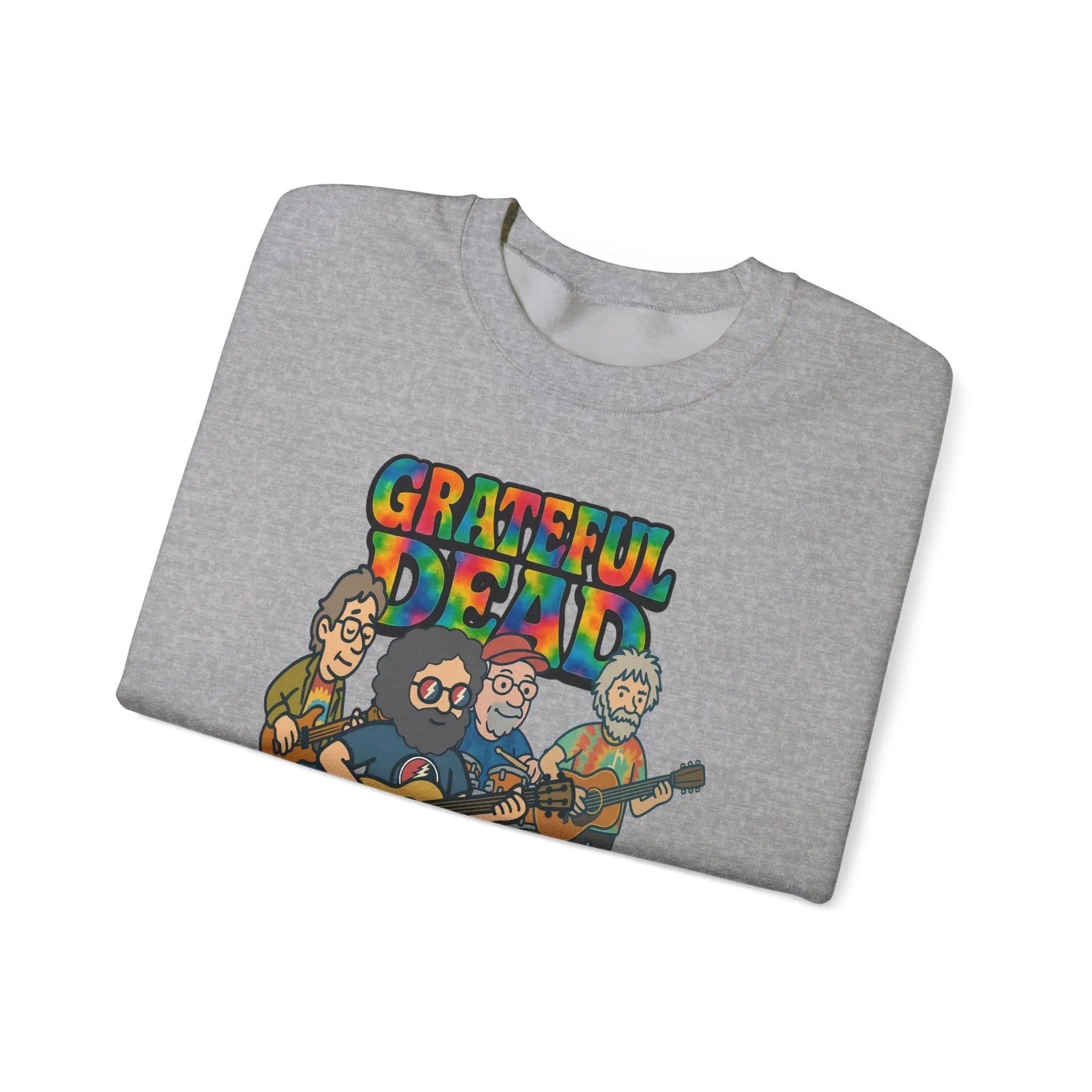 Heather gray crewneck sweatshirt with front band logo graphic print