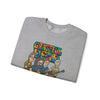 Heather gray crewneck sweatshirt with front band logo graphic print