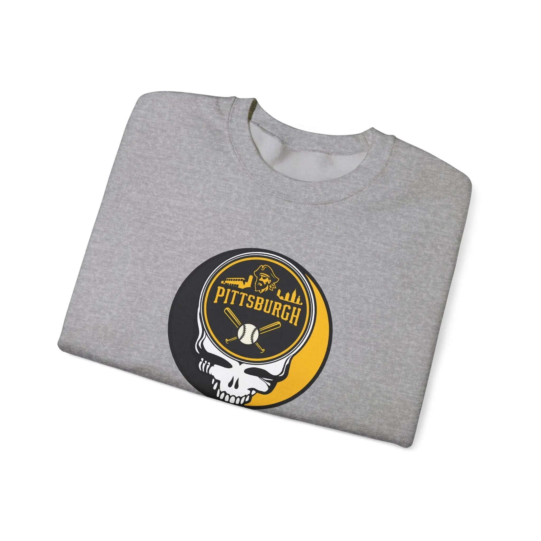 Sport gray crewneck sweatshirt with circular Pittsburgh logo and skull graphic, angled view