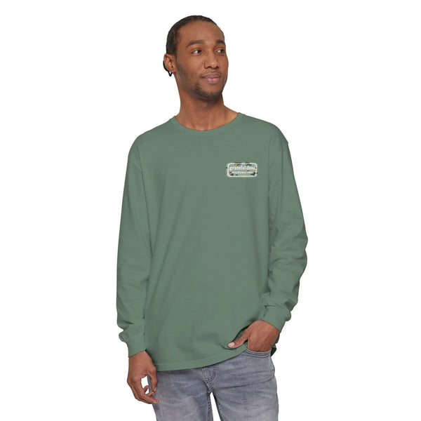 Green garment-dyed long-sleeve T-shirt with small front logo patch