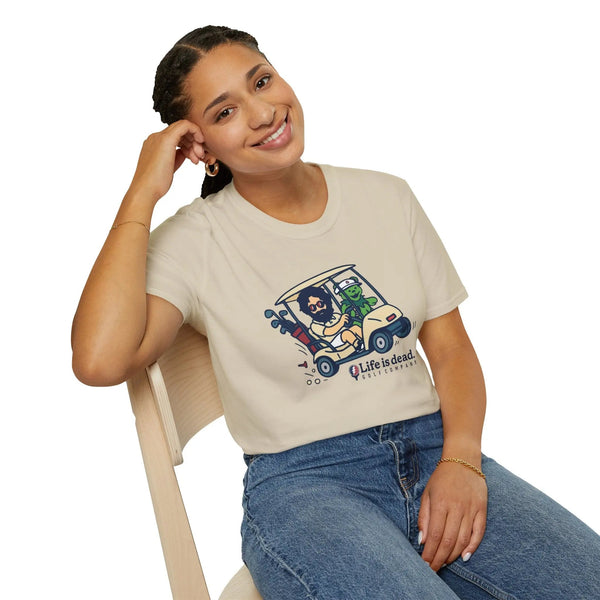 Sand graphic T-shirt with golf-cart cartoon and “Life is dead” front print