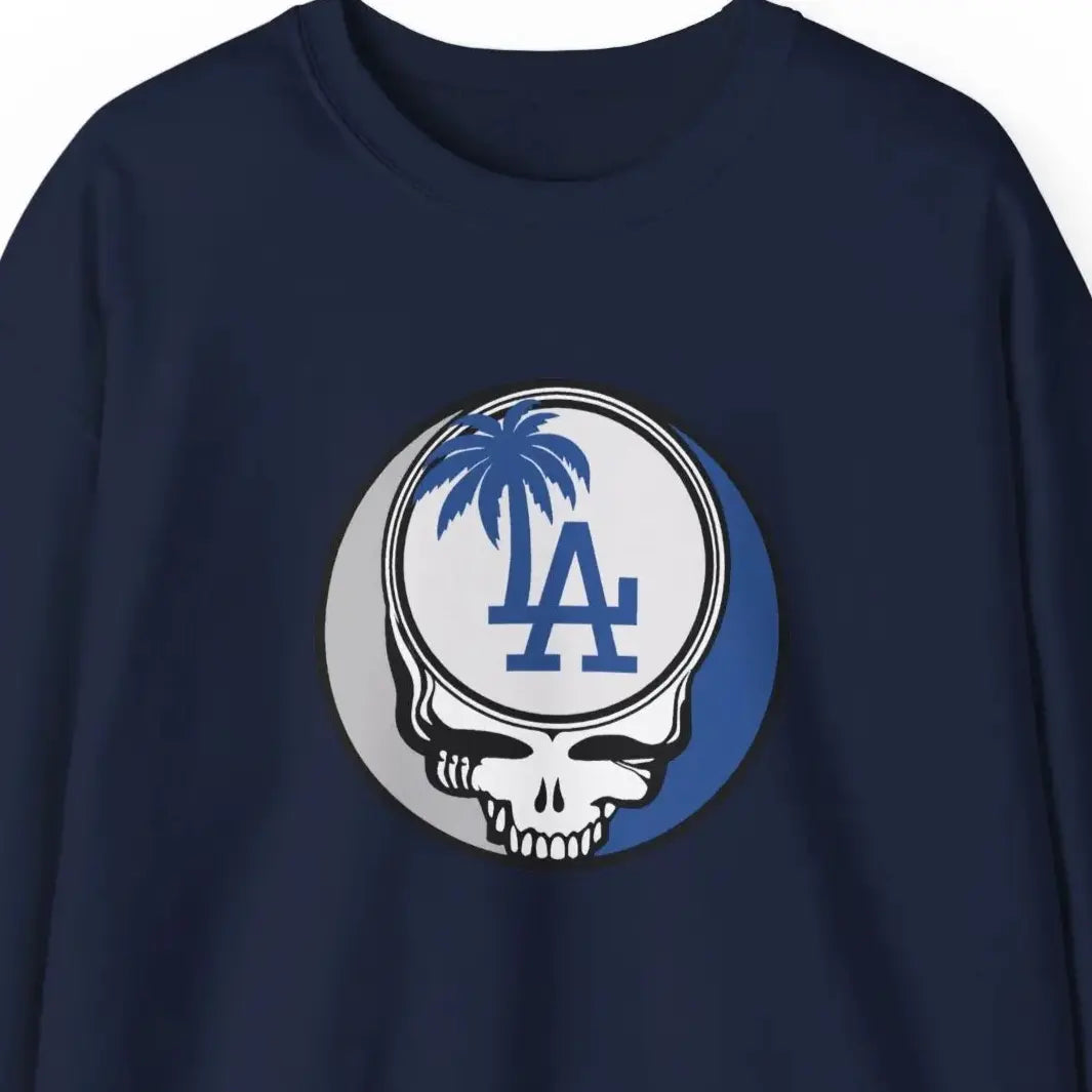 Navy crewneck sweatshirt with Dodgers Stealie circular skull logo on chest