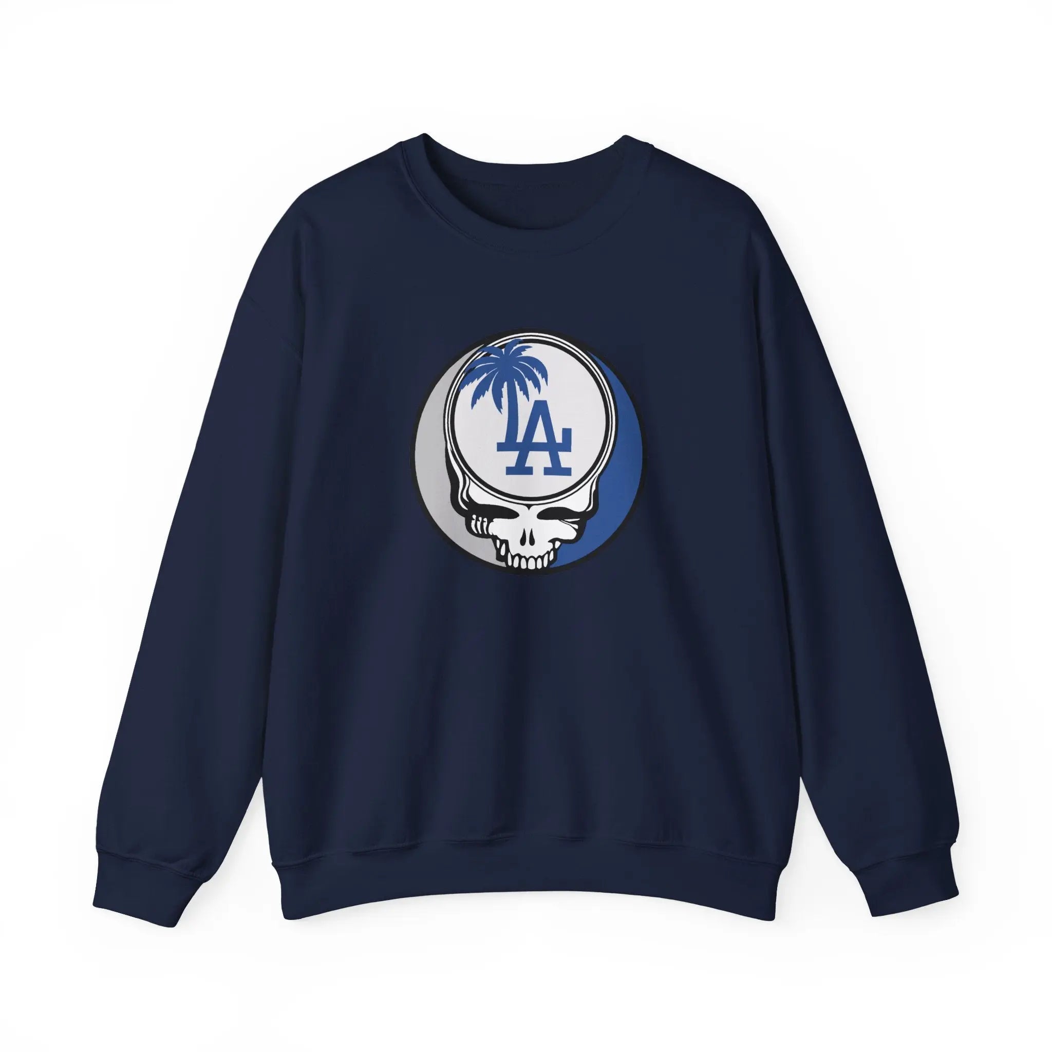 Navy crewneck sweatshirt with Dodgers Stealie circular skull logo, full front view