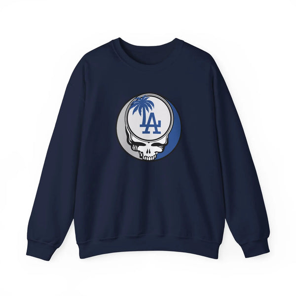 Navy crewneck sweatshirt with Dodgers Stealie circular skull logo, full front view