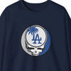 Navy crewneck sweatshirt with Dodgers Stealie circular skull logo on chest