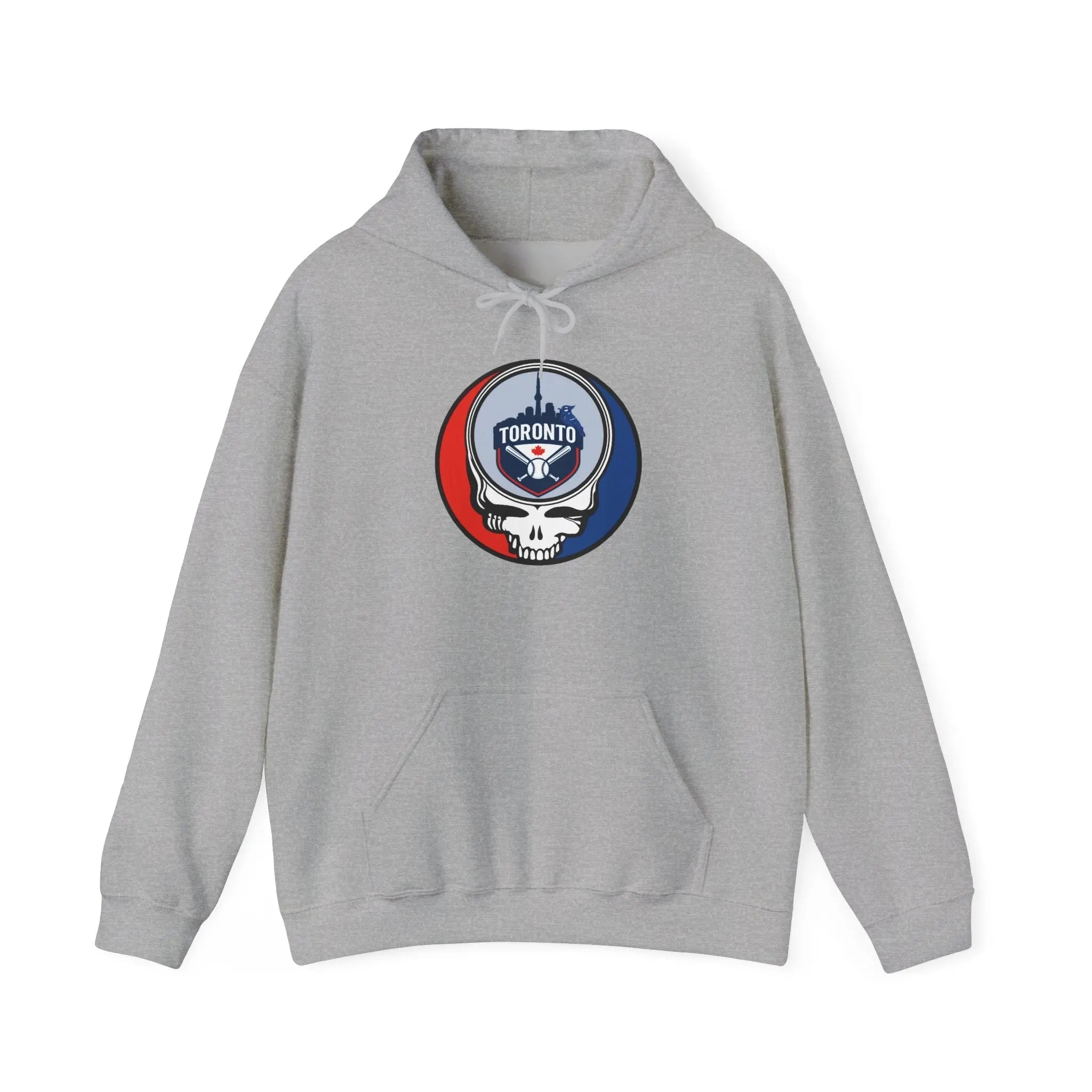 Light gray Toronto Blue Jays pullover hoodie with hood, drawstring, and front logo