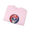 Light pink crewneck sweatshirt, angled view, with Stealie skull logo graphic