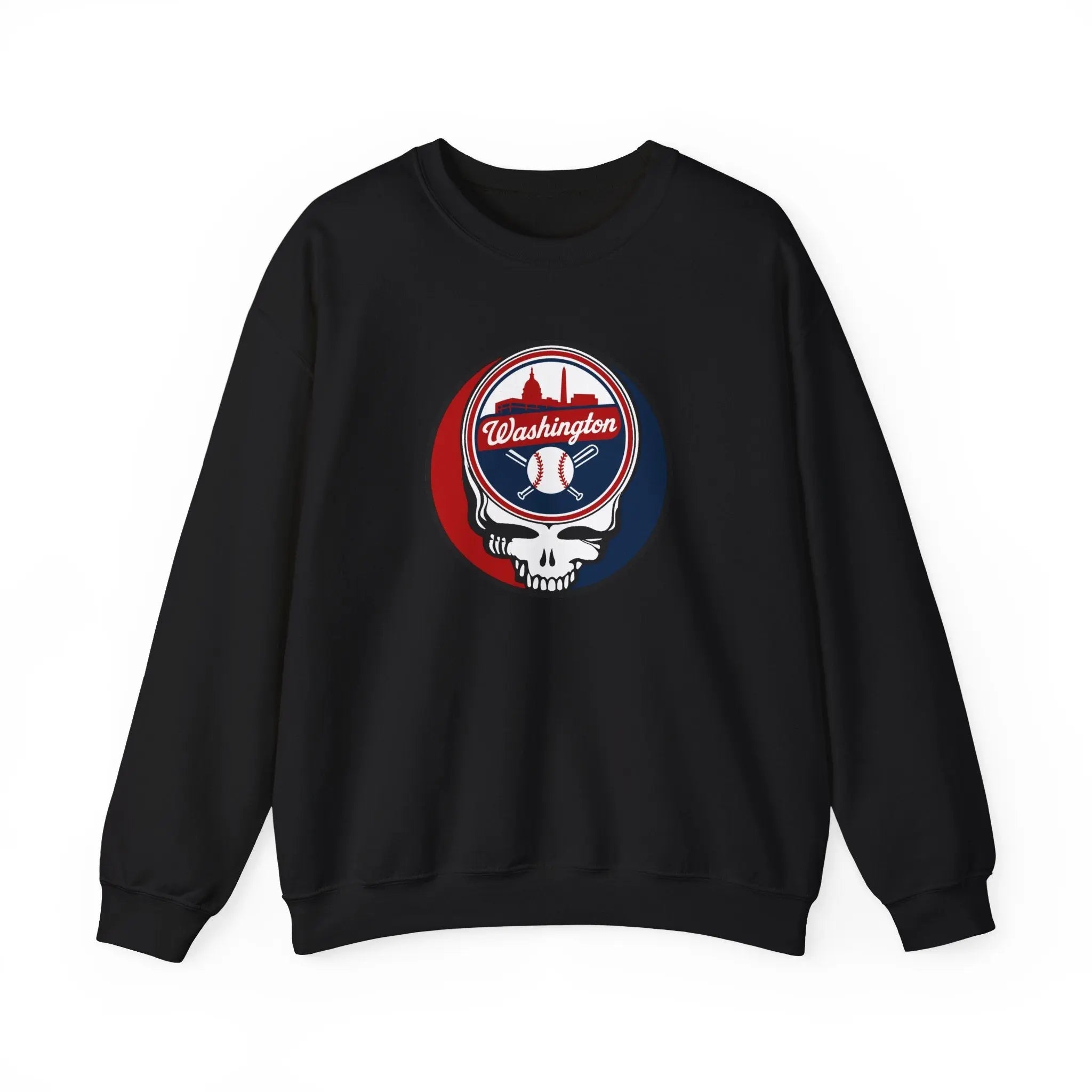 Black crewneck sweatshirt with circular Washington logo graphic on the chest