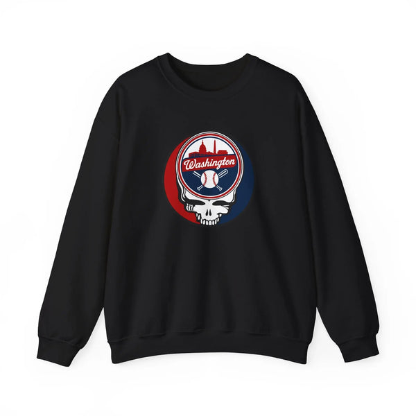 Black crewneck sweatshirt with circular Washington logo graphic on the chest