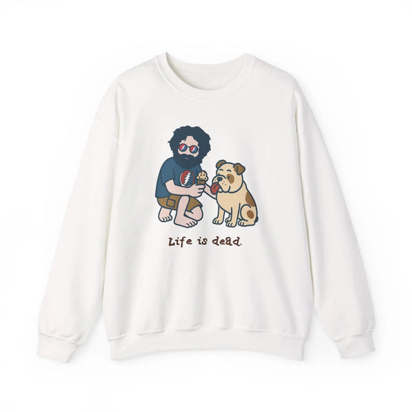 White crewneck sweatshirt with cartoon front graphic