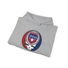 Heather gray pullover hoodie with drawstring hood and circular Texas Rangers Stealie logo
