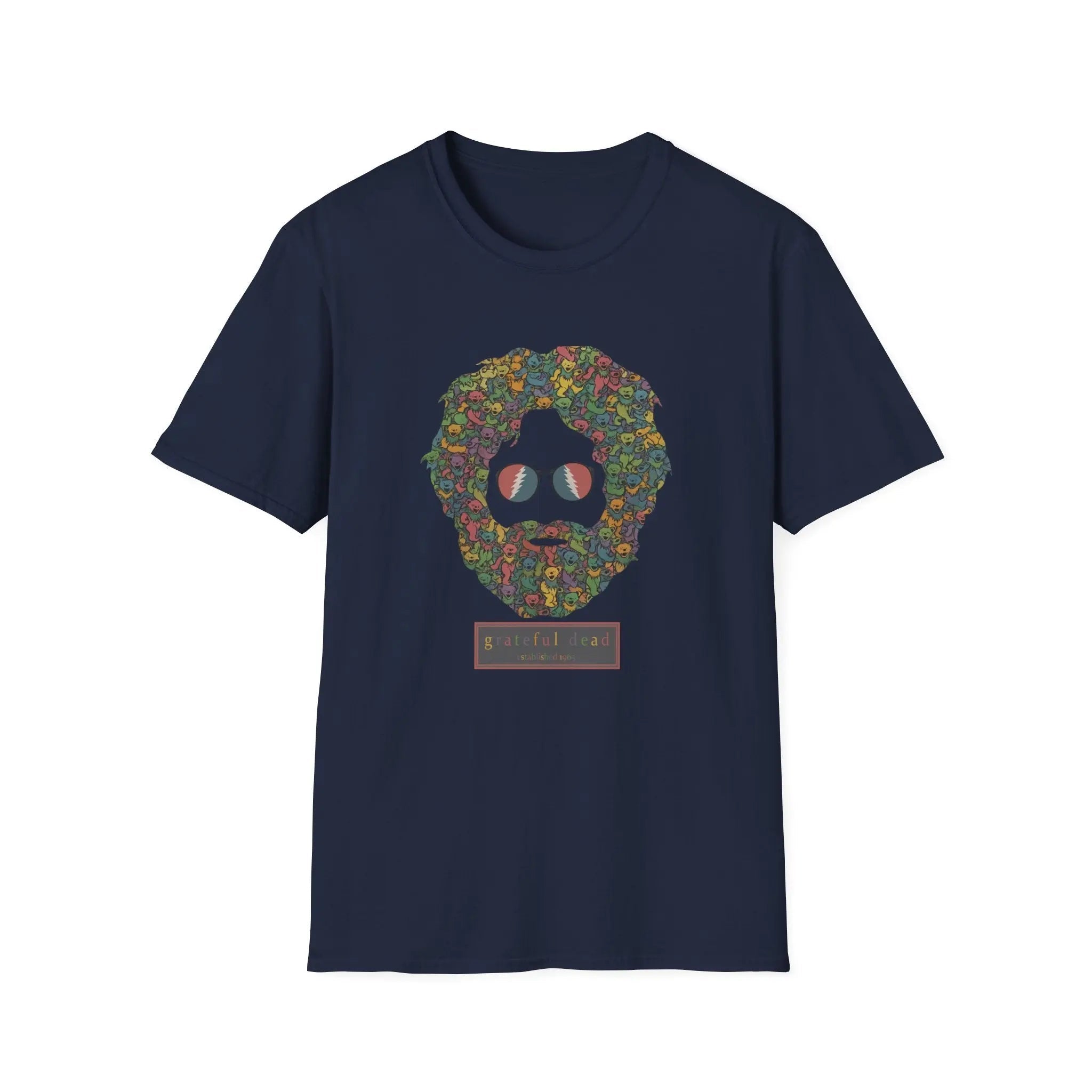 Navy T-shirt with colorful dancing bears face graphic and text print