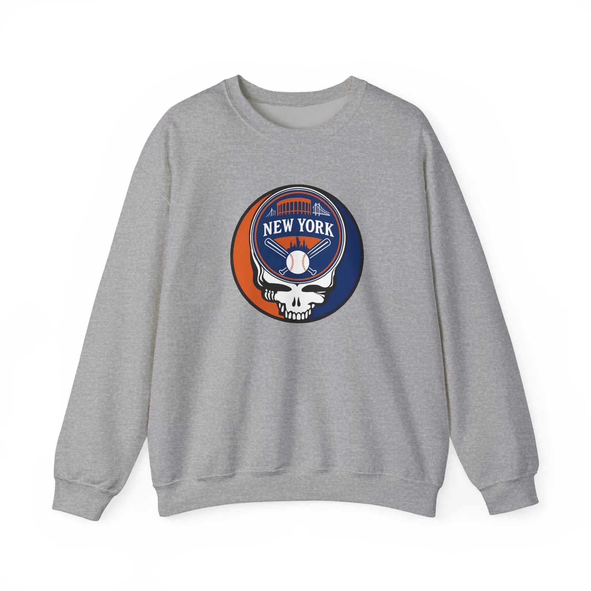 Sport grey crewneck sweatshirt with circular New York logo graphic on chest.