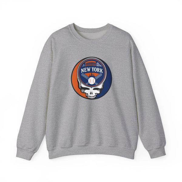 Sport grey crewneck sweatshirt with circular New York logo graphic on chest.