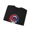 Black crewneck sweatshirt folded, with circular Chicago graphic skull logo