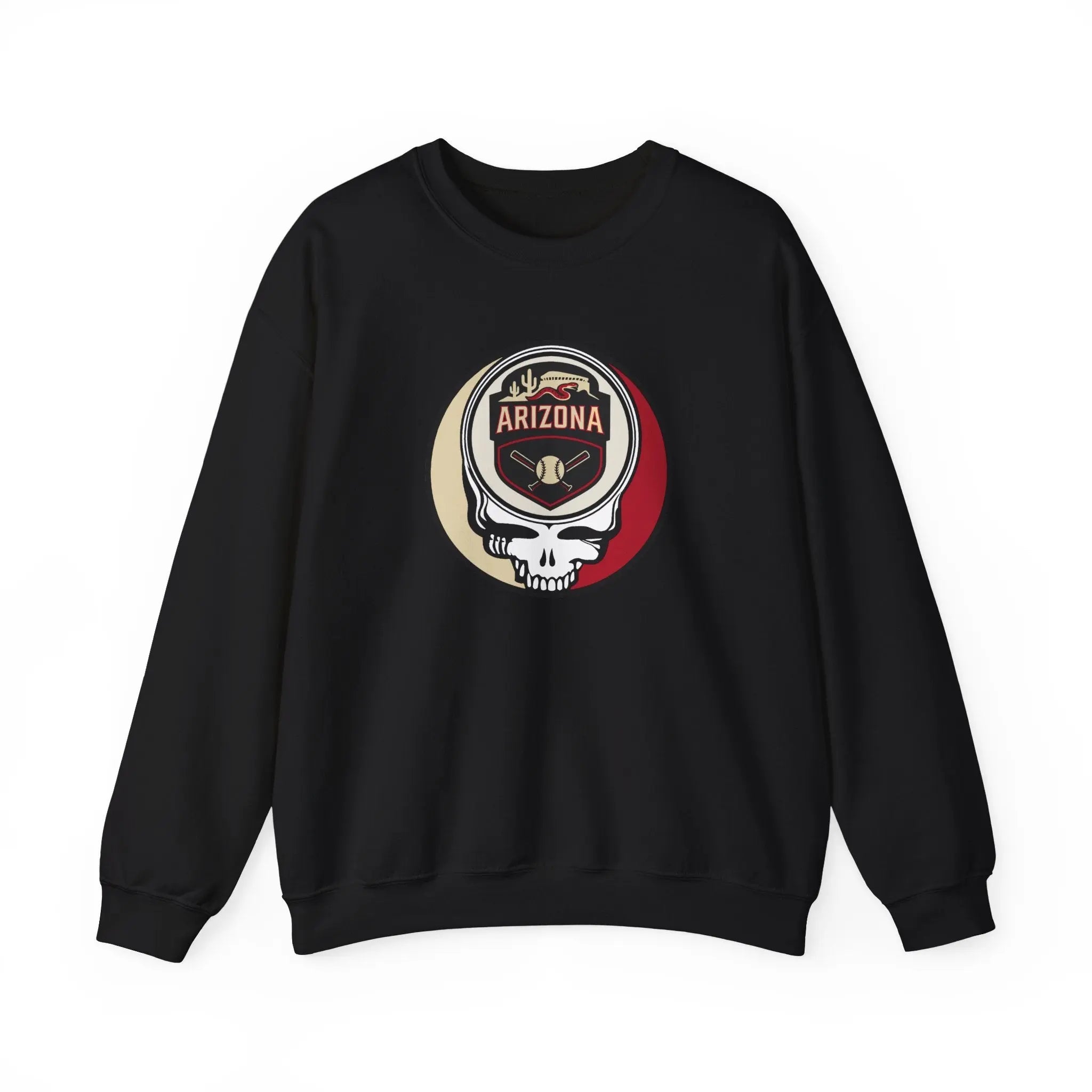 Black crewneck sweatshirt with Arizona logo skull patch graphic