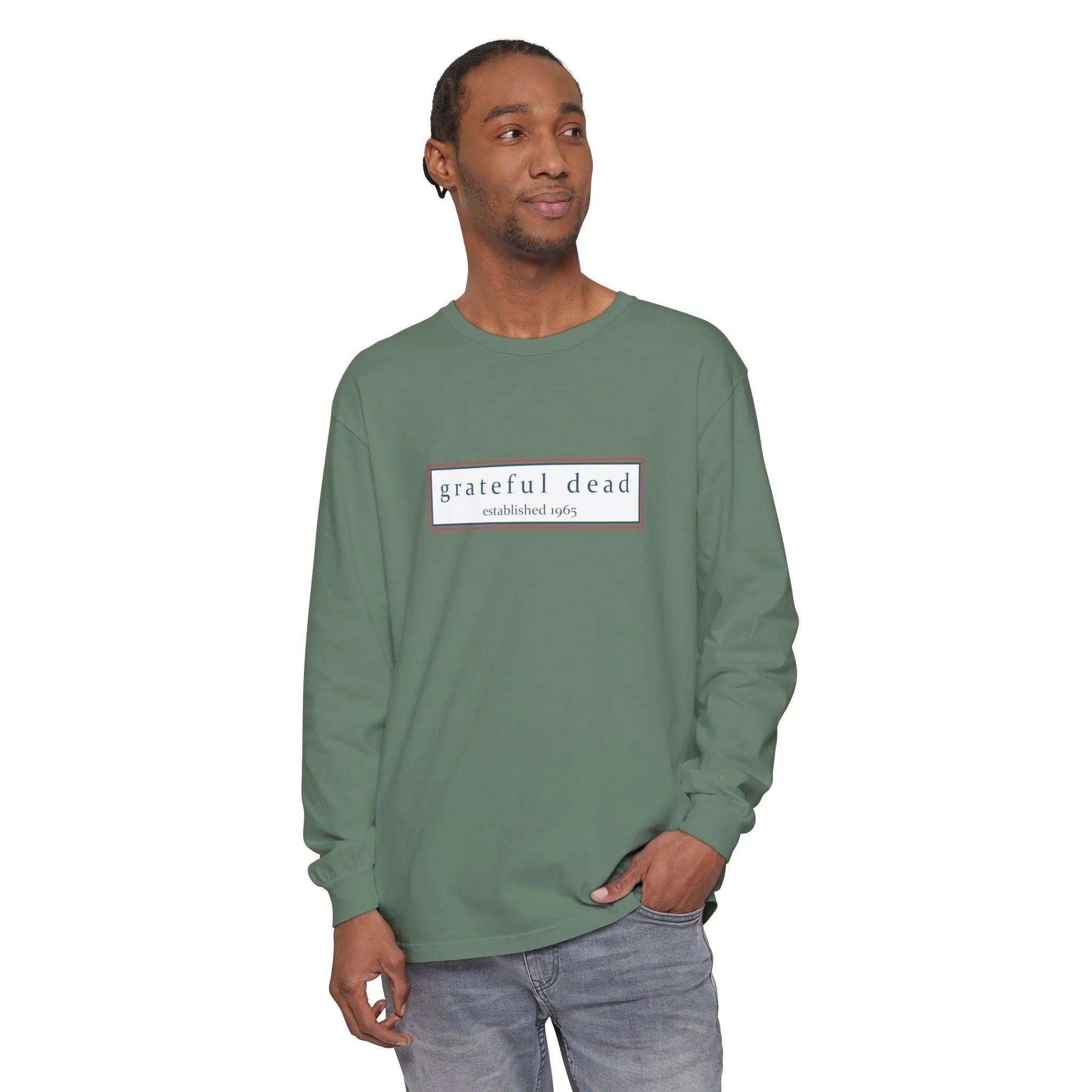 Green long-sleeve T-shirt with front “grateful dead established 1965” logo