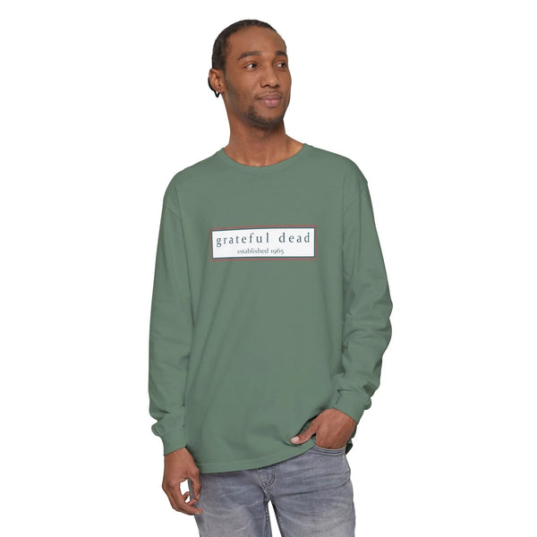 Green long-sleeve T-shirt with front “grateful dead established 1965” logo