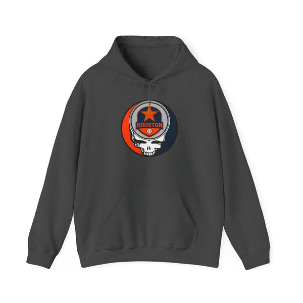 Dark gray Astros pullover hoodie with front circular graphic logo and front pocket
