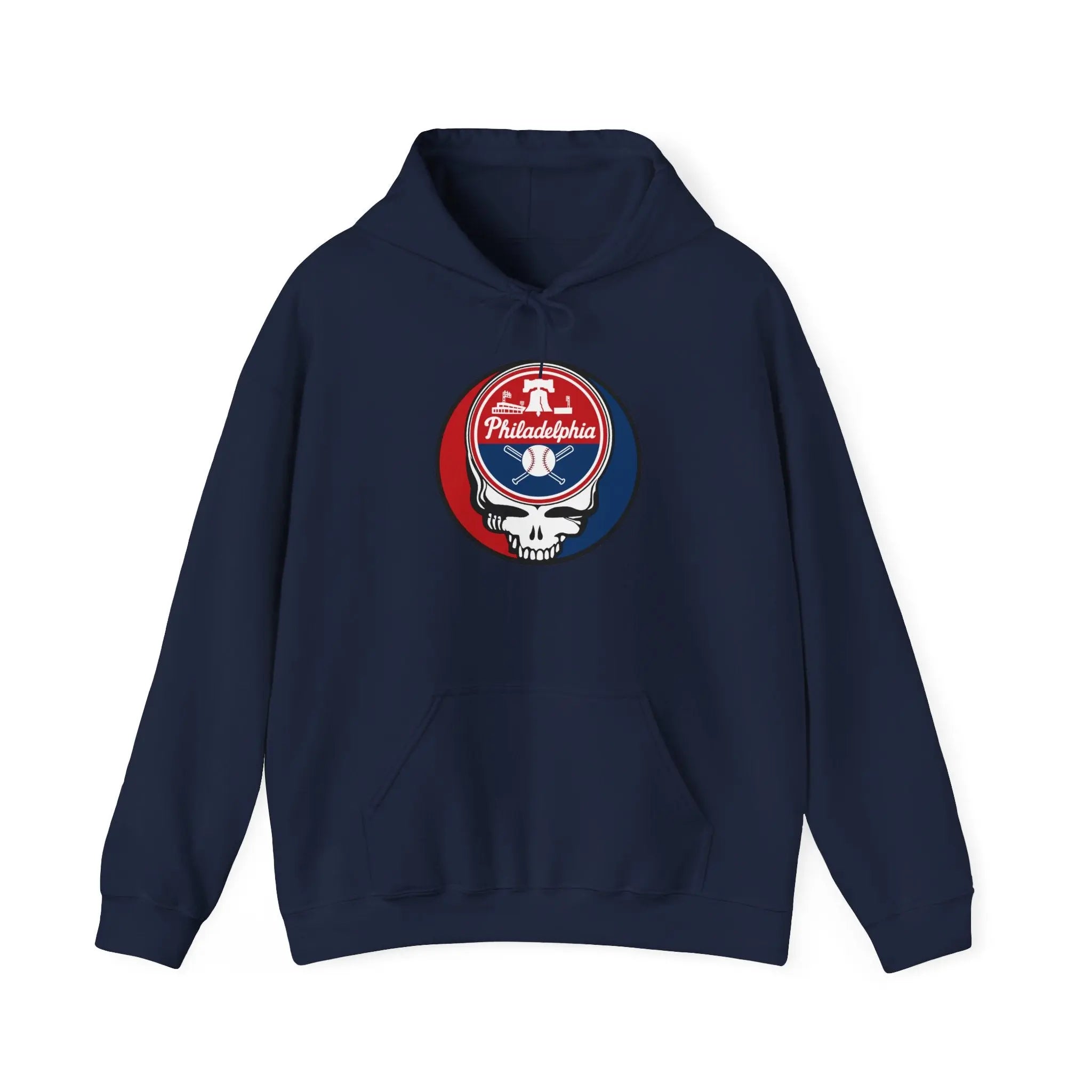 Navy blue hoodie with front pouch pocket and circular Philadelphia team logo