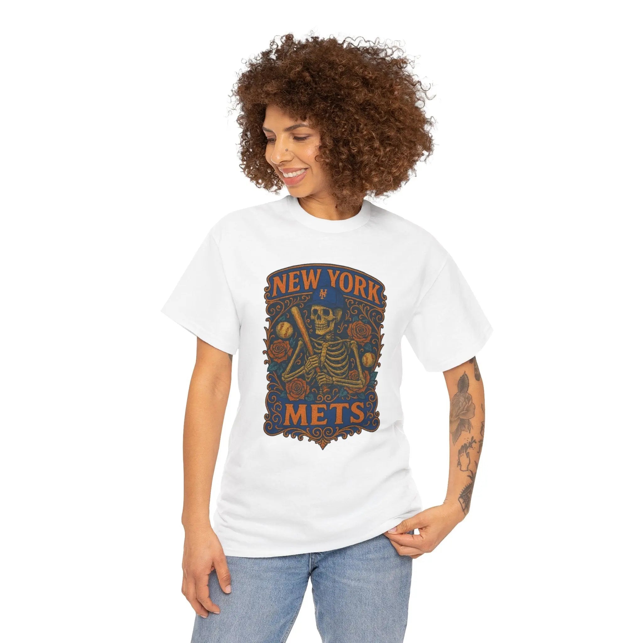 White crew-neck T-shirt with New York Mets skeleton crest graphic on front