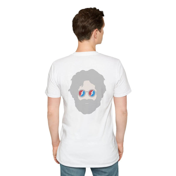 White two-sided graphic T-shirt with centered back portrait and blue glasses print