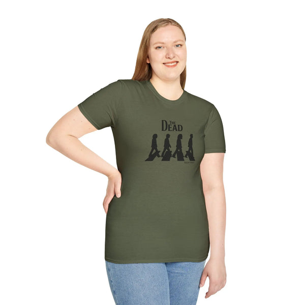 Military green crewneck T-shirt with black crosswalk silhouette graphic