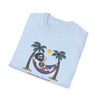 Light blue crewneck T-shirt with sloth hammock graphic and palm trees