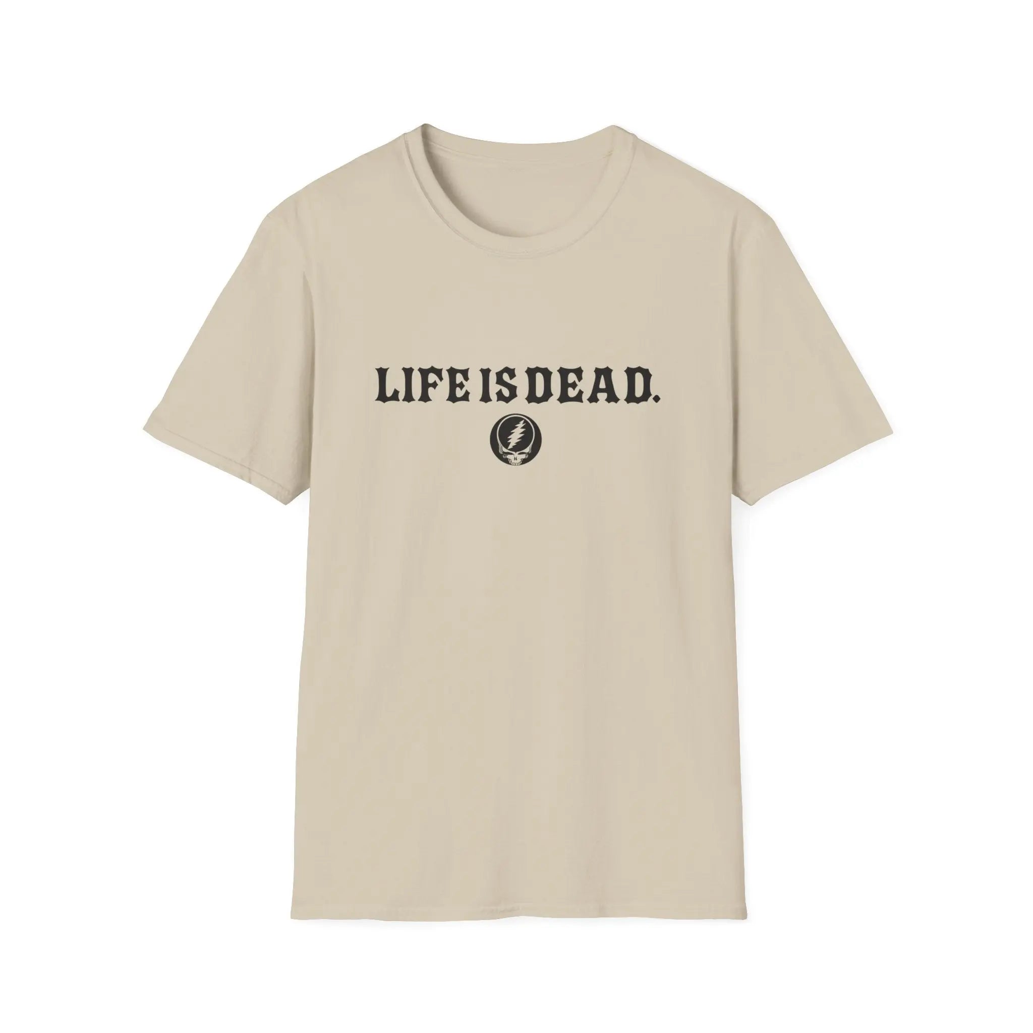 Sand crewneck t-shirt with LIFEISDEAD text and small circular emblem print