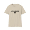 Sand crewneck t-shirt with LIFEISDEAD text and small circular emblem print