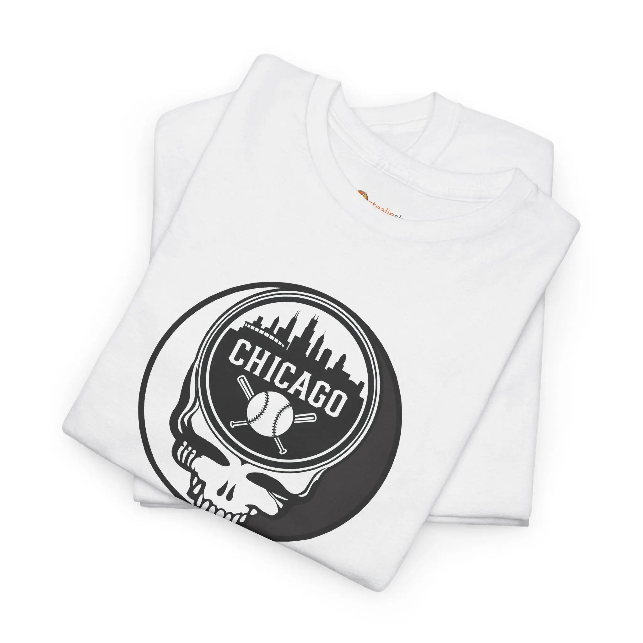 White Chicago Stealie skull T-shirt with circular Chicago logo graphic on chest
