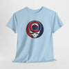 Light blue Stealie skull graphic T-shirt with circular Chicago logo on chest