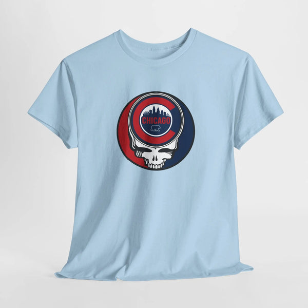 Light blue Stealie skull graphic T-shirt with circular Chicago logo on chest