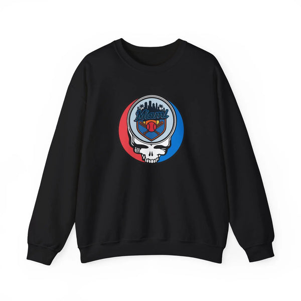 Black crewneck sweatshirt with Miami Marlins skull logo graphic on chest