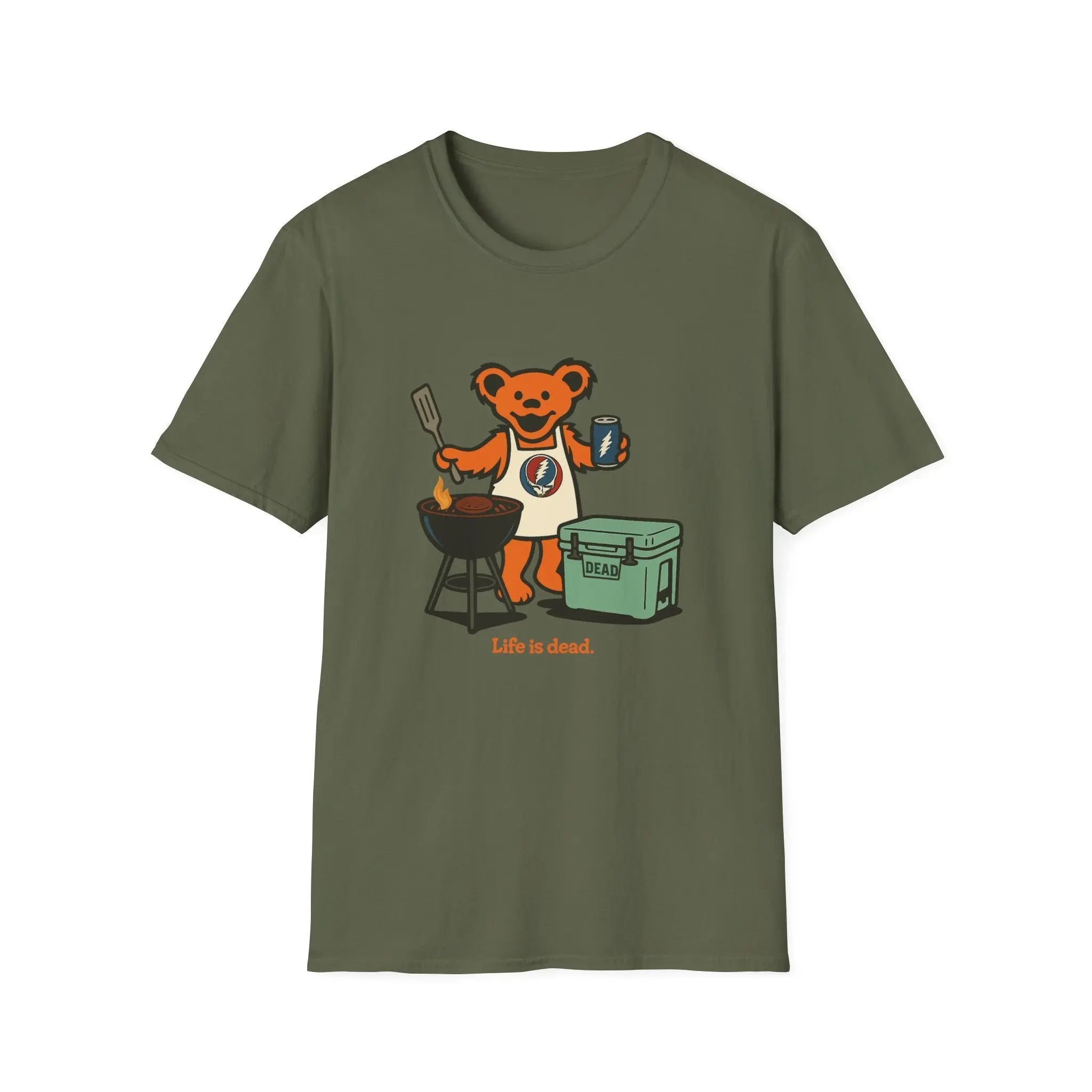 Olive green T-shirt with cartoon bear grilling graphic and small text at bottom
