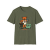 Olive green T-shirt with cartoon bear grilling graphic and small text at bottom