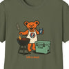 Olive T-shirt close-up of cartoon bear grilling with cooler graphic