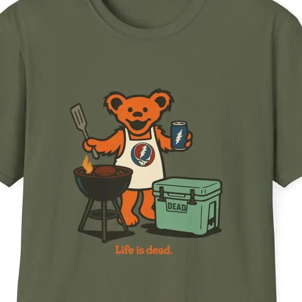 Olive T-shirt close-up of cartoon bear grilling with cooler graphic