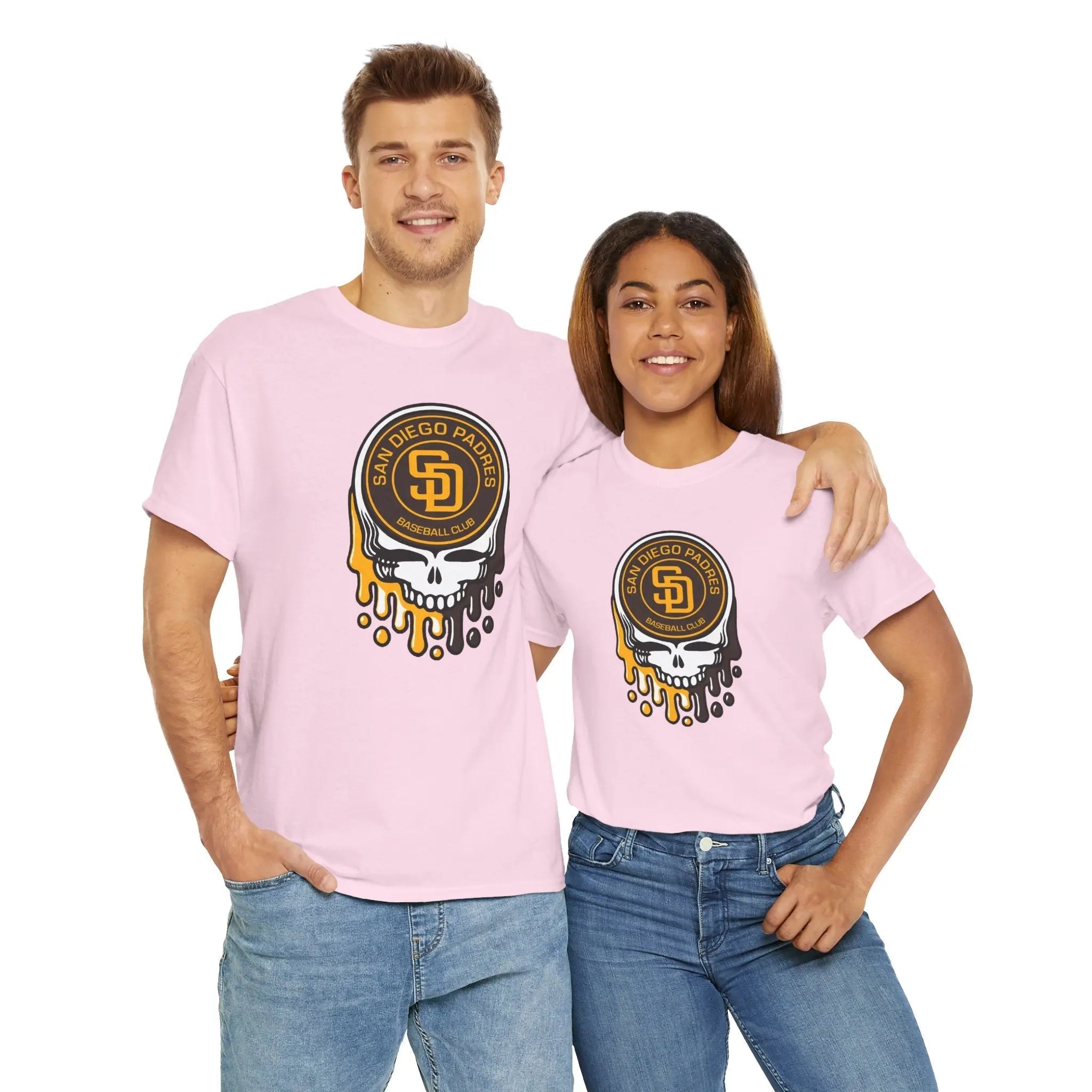 Light pink San Diego Padres logo graphic T-shirt with dripping skull front print