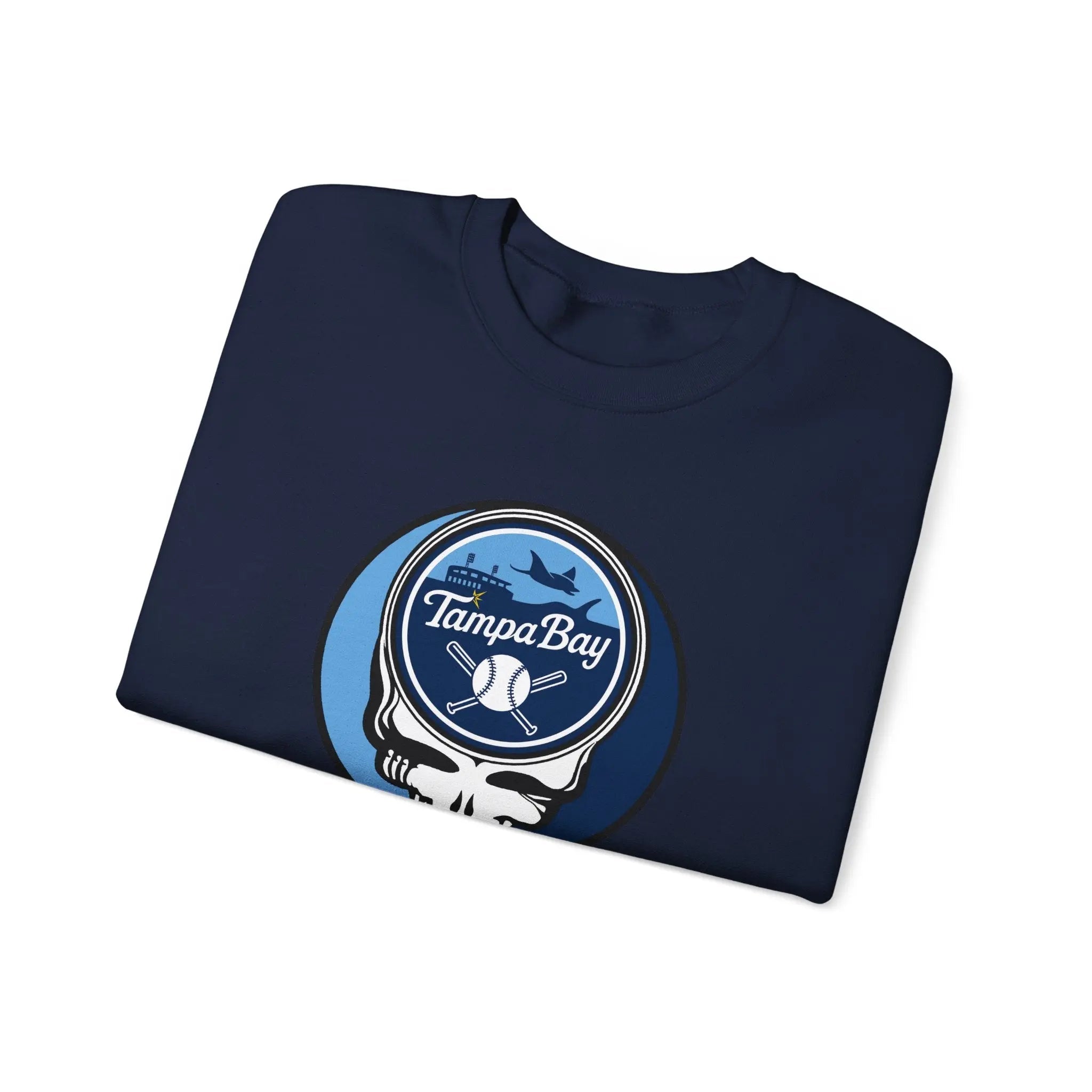 Navy crewneck sweatshirt with Tampa Bay Rays Stealie circular chest logo