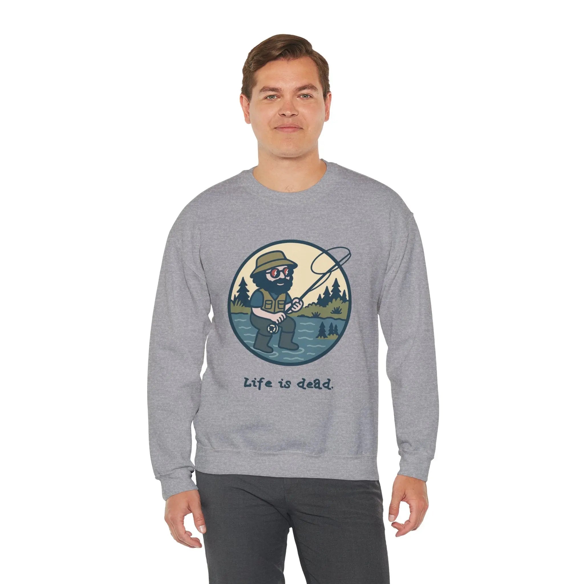 Sport grey crewneck sweatshirt with fishing character graphic and 'Life is dead.'