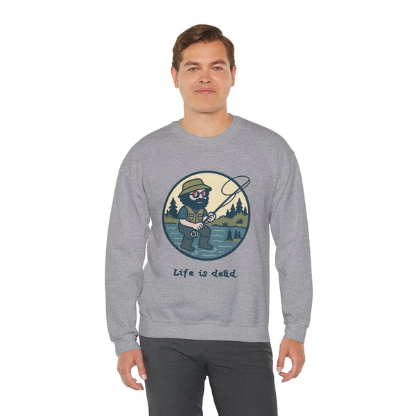 Sport grey crewneck sweatshirt with fishing character graphic and 'Life is dead.'