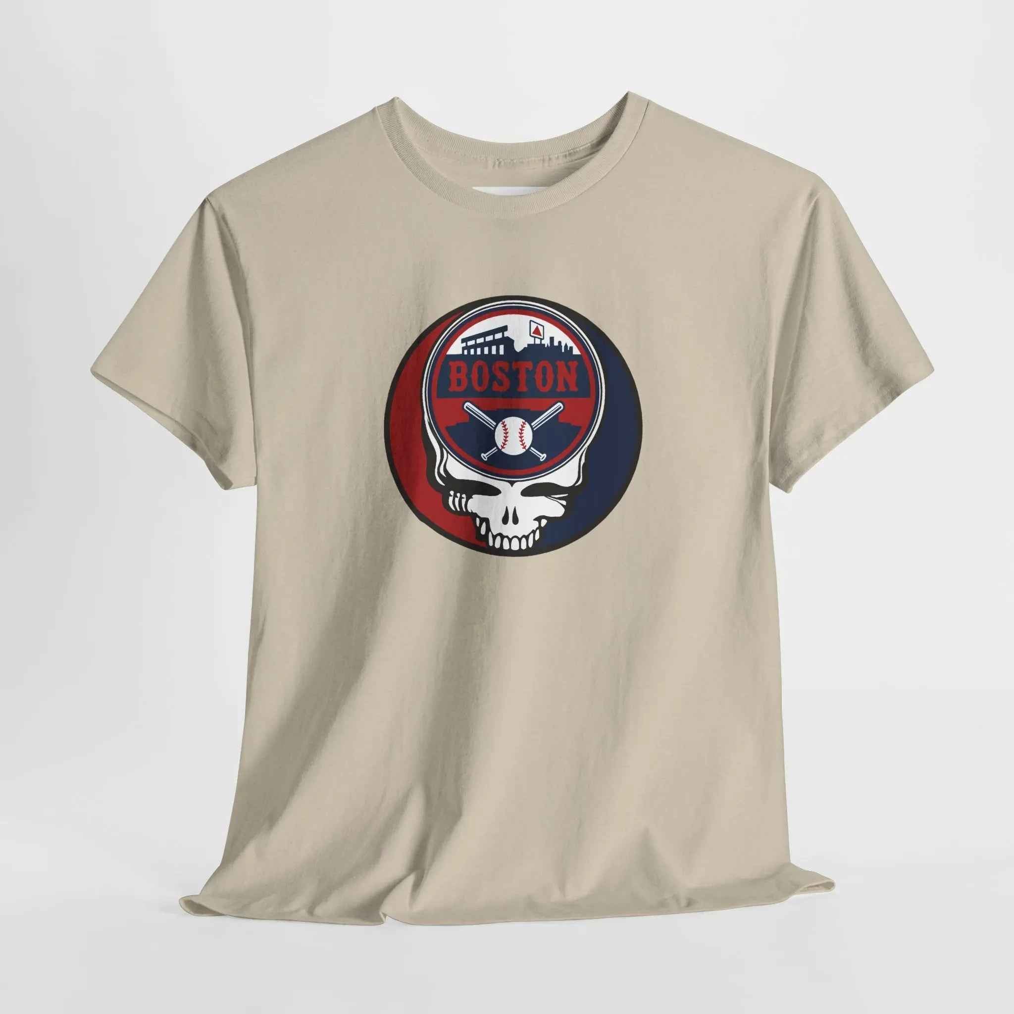 Beige T-shirt with circular Boston logo skull and baseball graphic