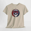 Beige T-shirt with circular Boston logo skull and baseball graphic